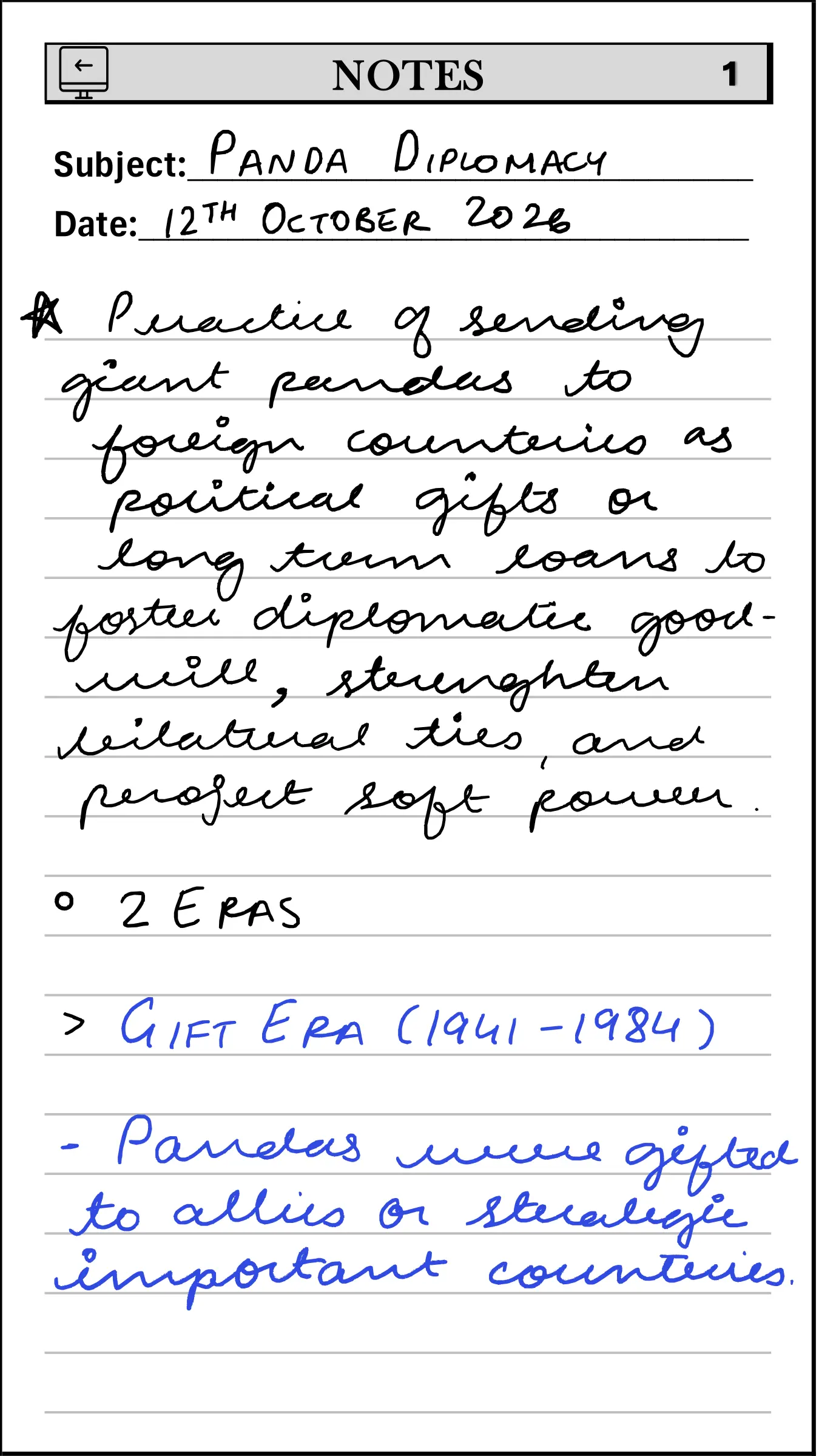 Panda Diplomacy, first handwritten sheet