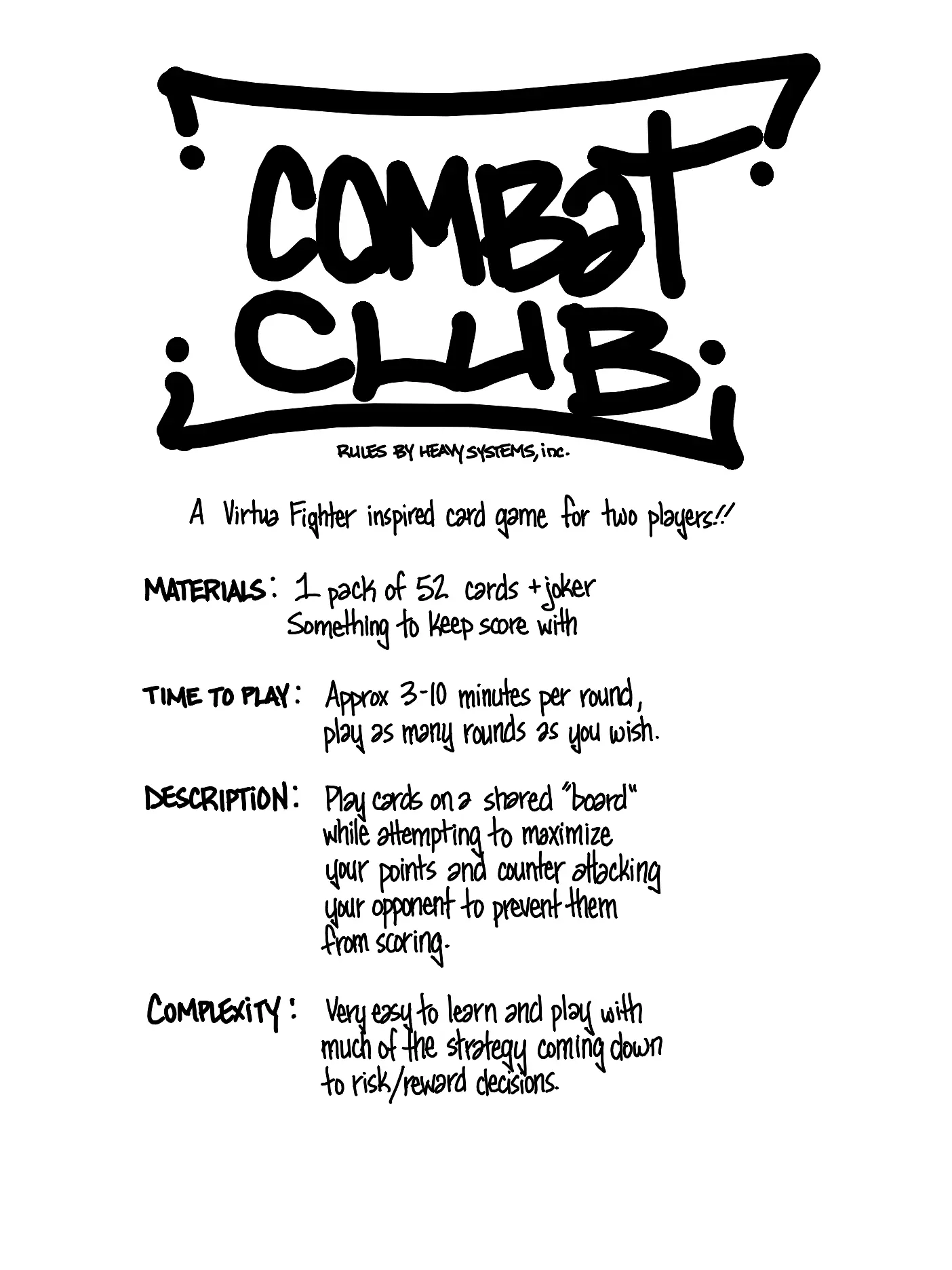 COMBAT CLUB: A Standard Playing Card Fighting Game, first handwritten sheet