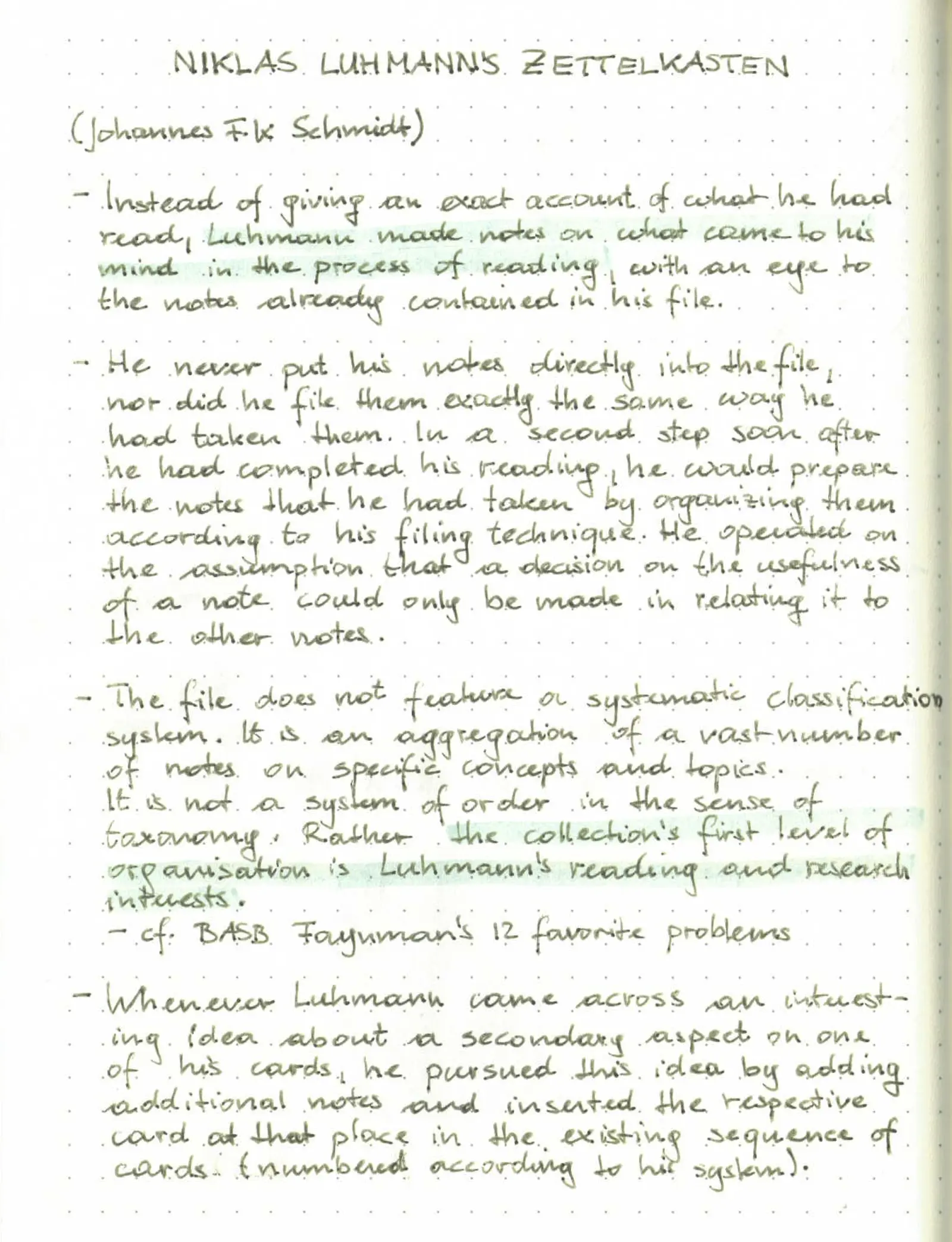 Niklas Luhmann's Zettelkasten (excerpt from J. Schmidt's paper), first handwritten sheet