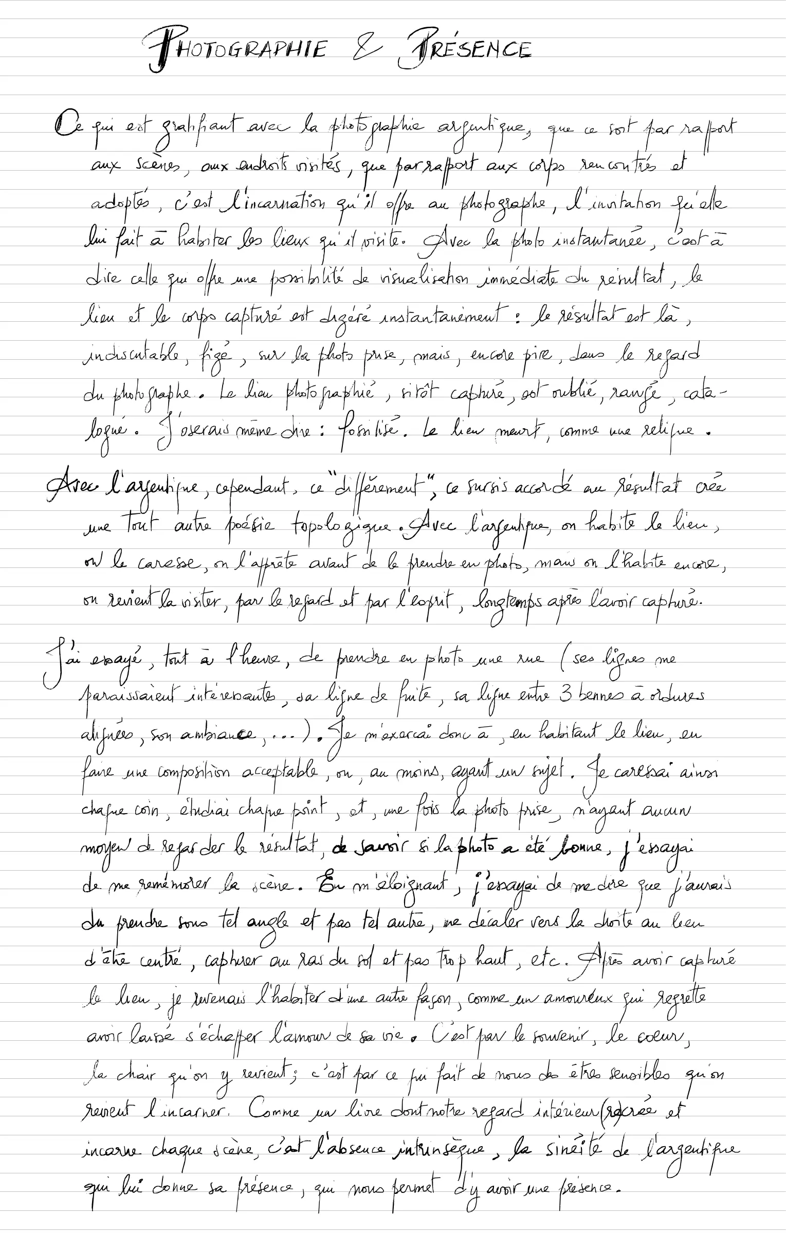Photographie et Présence, first handwritten sheet
